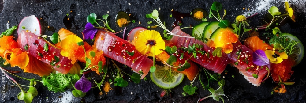 Fototapeta premium Elegant seafood platter with tuna, sesame, luxurious salmon caviar, vibrant vegetables