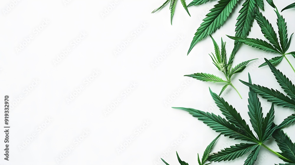 Marijuana leaves on a white background, close up top view on cannabis leaves and branches on white background for alternative medical and marketing design concept Marijuana leaves on a white background, close up top view on cannabis leaves and branches on white background for alternative medical and marketing design concept
