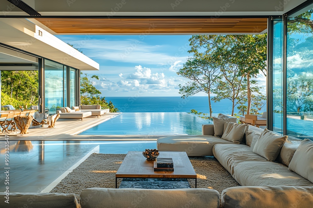 Fototapeta premium Elegant modern living room with stunning ocean view and infinity pool, surrounded by nature and open space for relaxation.