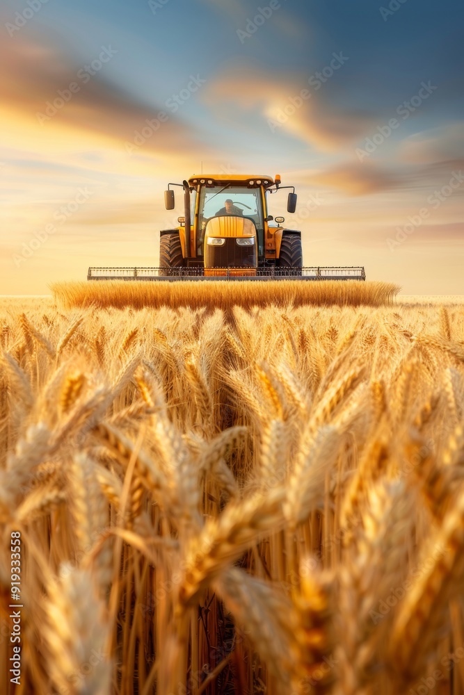 Obraz premium Farming in the Golden Hour, Tractor cutting through wheat field, Essence of agriculture