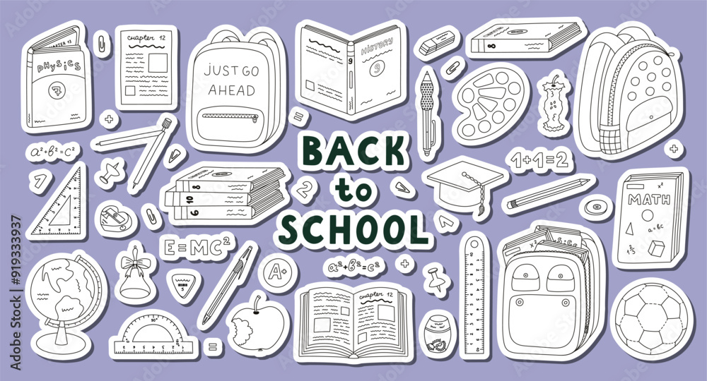 Big set of stickers outline back to school clipart for planners, notebooks. Ready for print list of cute stickers. Hand drawn collection of schoolbag, textbook, globe, cute stationery, soccer ball. Big set of stickers outline back to school clipart for planners, notebooks. Ready for print list of cute stickers. Hand drawn collection of schoolbag, textbook, globe, cute stationery, soccer ball.