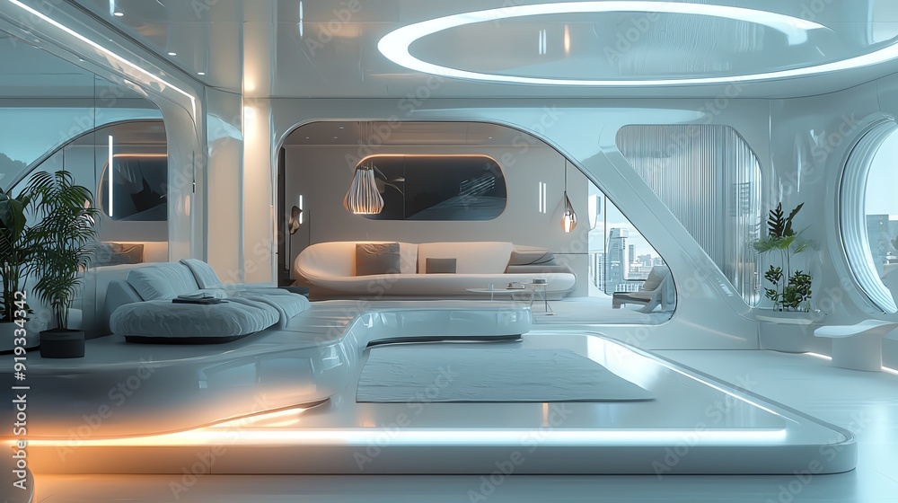 Modern interior design featuring sleek furniture, soft lighting, and a tranquil atmosphere with stylish decor elements.
