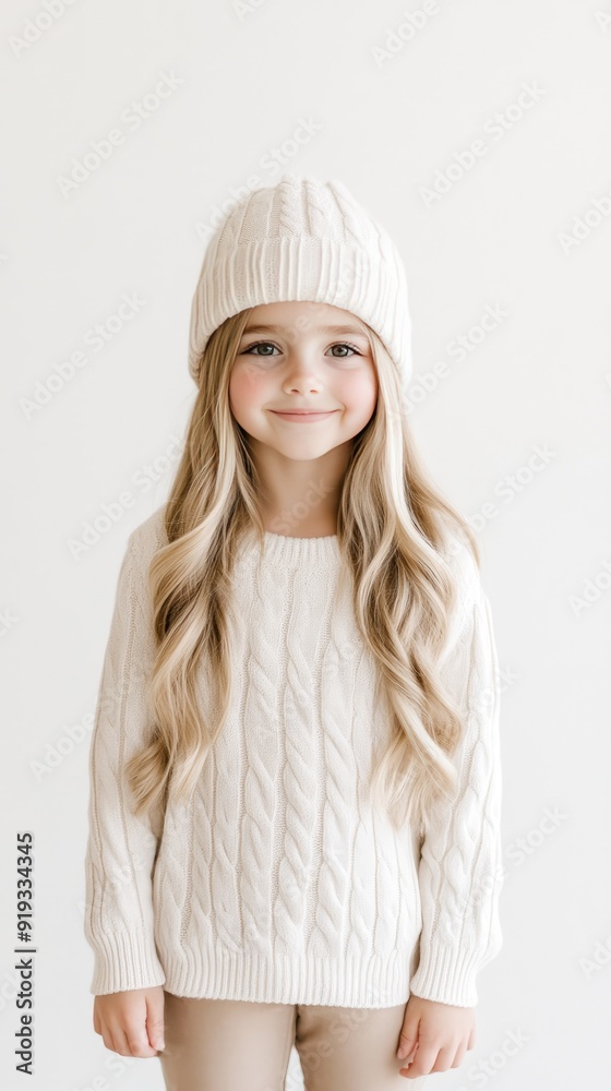 A cheerful little girl with long hair smiles brightly, dressed in a cozy winter sweater and hat, exuding warmth against a soft, light background A cheerful little girl with long hair smiles brightly, dressed in a cozy winter sweater and hat, exuding warmth against a soft, light background