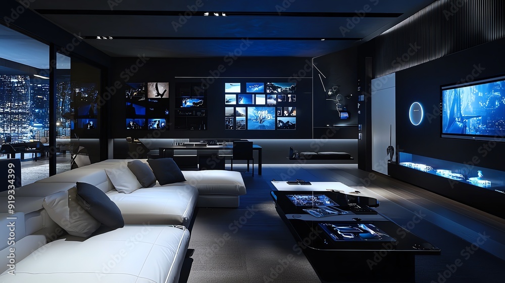 Modern interior of a luxurious living room with sleek furniture and large screens, offering stunning views at night. Modern interior of a luxurious living room with sleek furniture and large screens, offering stunning views at night.
