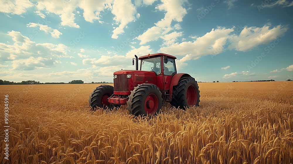 Obraz premium Red tractor in a field of golden wheat under a blue sky.