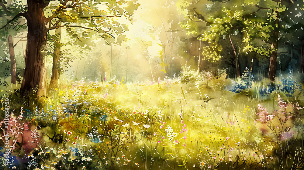 Beautiful watercolor of a woodland garden, wildflowers, sunlight filtering through trees, bright midday sun ,Ultra-High Detail, Ultra-Realistic