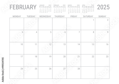 February Calendar 2025 Monthly Planner Printable A4 Monday Start