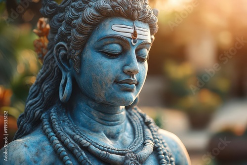 serene statue of shiva in deep meditation intricate details highlight symbolic elements soft diffused lighting creates spiritual atmosphere