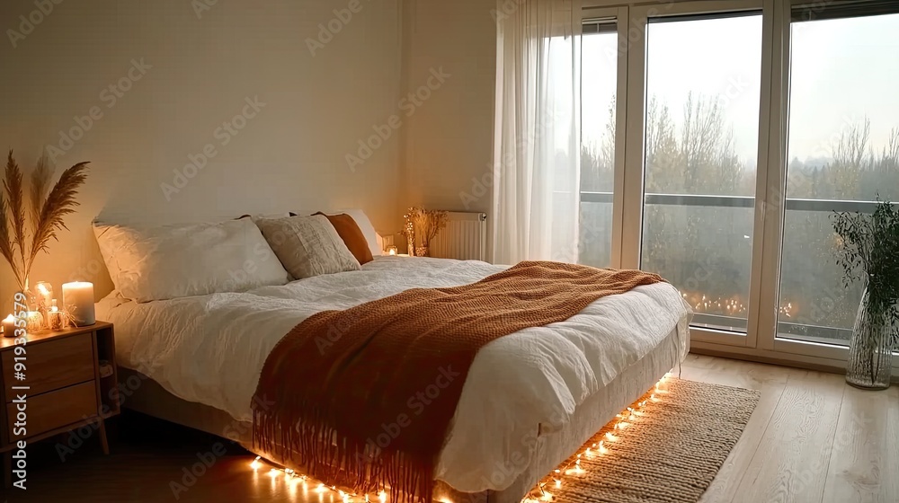 The cozy bedroom features a plush bed with an orange blanket, surrounded by candles and a warm glow, showcasing a serene autumn landscape through the large window The cozy bedroom features a plush bed with an orange blanket, surrounded by candles and a warm glow, showcasing a serene autumn landscape through the large window