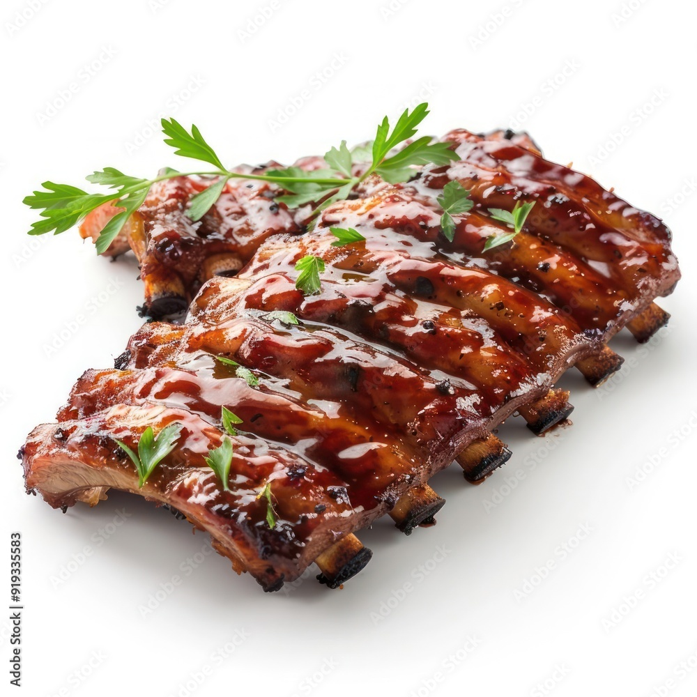 Six ribs coated in barbecue sauce, Six ribs coated in barbecue sauce,