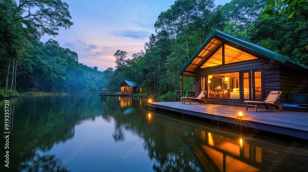 Obraz premium Tranquil Lakeside Cabins in Lush Forest
