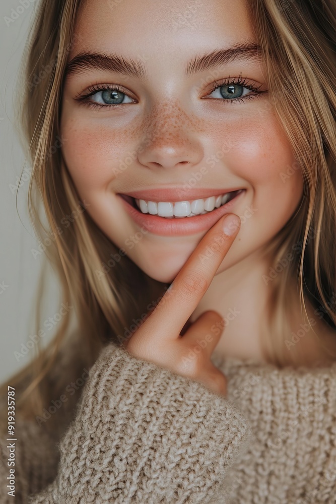 A cheerful girl smiles while touching her cheek. She wears a cozy sweater, radiating warmth and joy, perfect for lifestyle or beauty themes. A cheerful girl smiles while touching her cheek. She wears a cozy sweater, radiating warmth and joy, perfect for lifestyle or beauty themes.