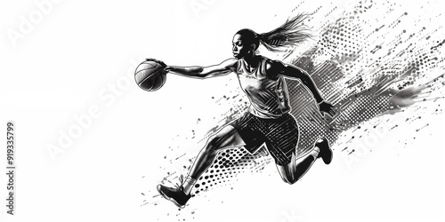 illustration of a running basketball player woman in action on white background. Black halftone dots background. Basketball action female black woman player.
