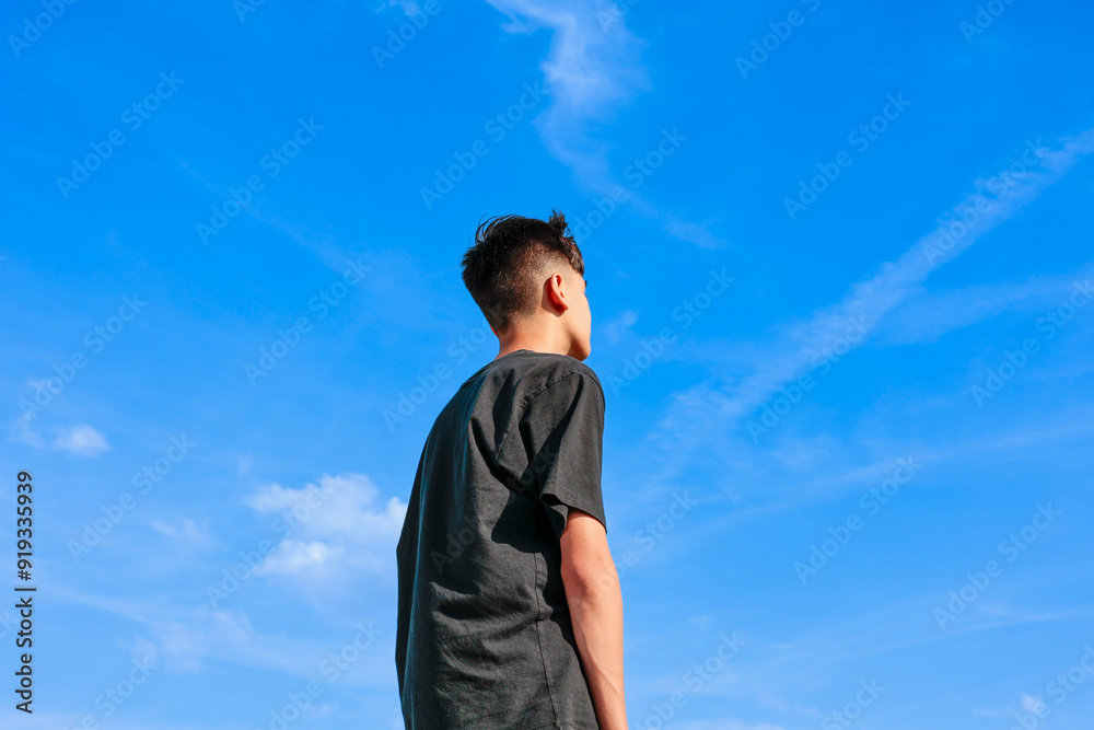 Teenager boy connecting with himself in nature through deep breathing. Man from back feeling of calmness on light blue sky background well-being, and free of mind concept. Teenager boy connecting with himself in nature through deep breathing. Man from back feeling of calmness on light blue sky background well-being, and free of mind concept.