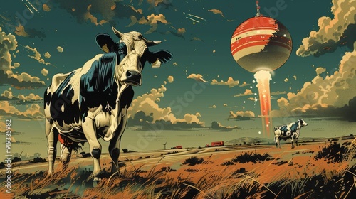 Aliens and cows in retro comic book style, vintage colors and textures, dynamic scenes, 1950s sci-fi