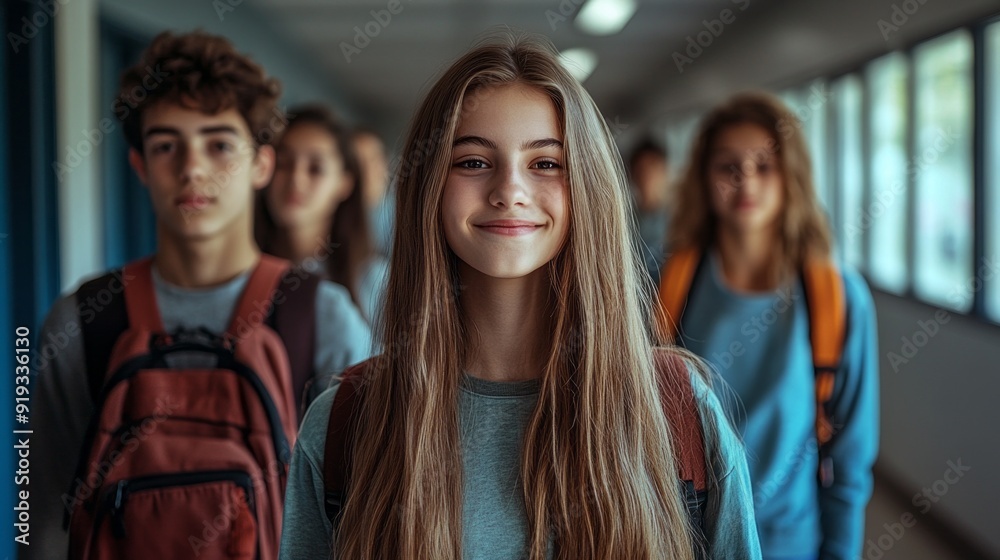 A girl with long hair is smiling and standing in a hallway with other students A girl with long hair is smiling and standing in a hallway with other students