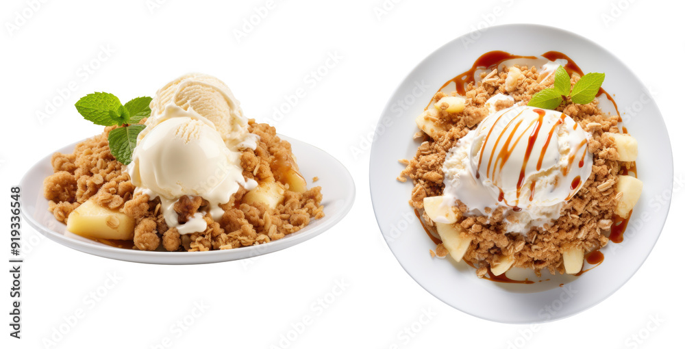 Delicious Plate of Apple Crisp and Vanilla Ice Cream side and top view, isolated on a transparent background Delicious Plate of Apple Crisp and Vanilla Ice Cream side and top view, isolated on a transparent background