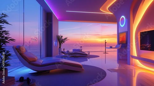 Stunning modern living room with panoramic views and vibrant sunset colors, featuring sleek furniture and ambient lighting.