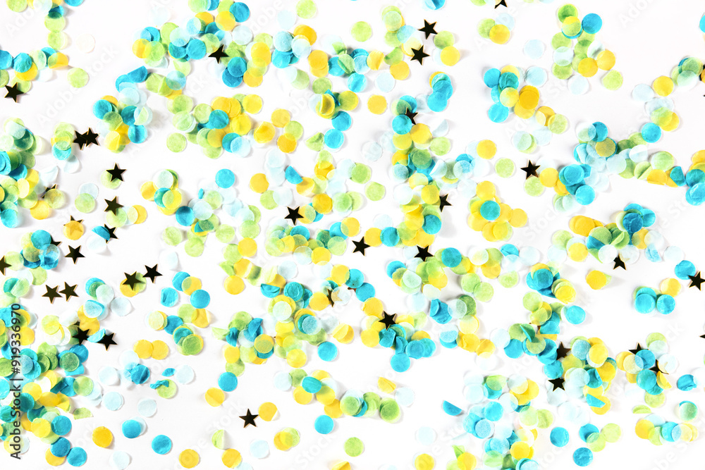 Festive background with confetti. Carnival greeting card with golden stars on white Festive background with confetti. Carnival greeting card with golden stars on white