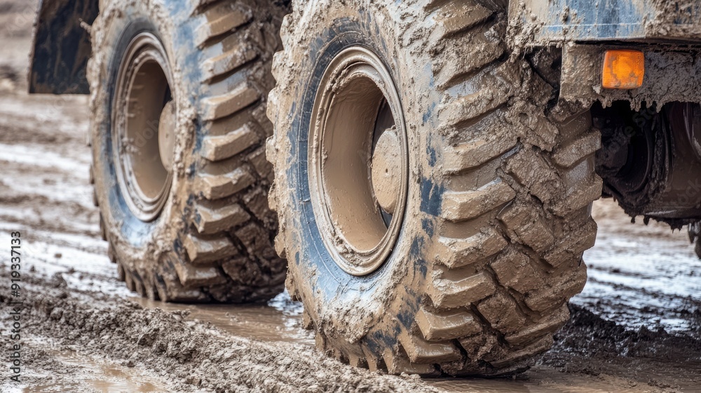Close-up of heavy machinery tires in mud at construction site Close-up of heavy machinery tires in mud at construction site