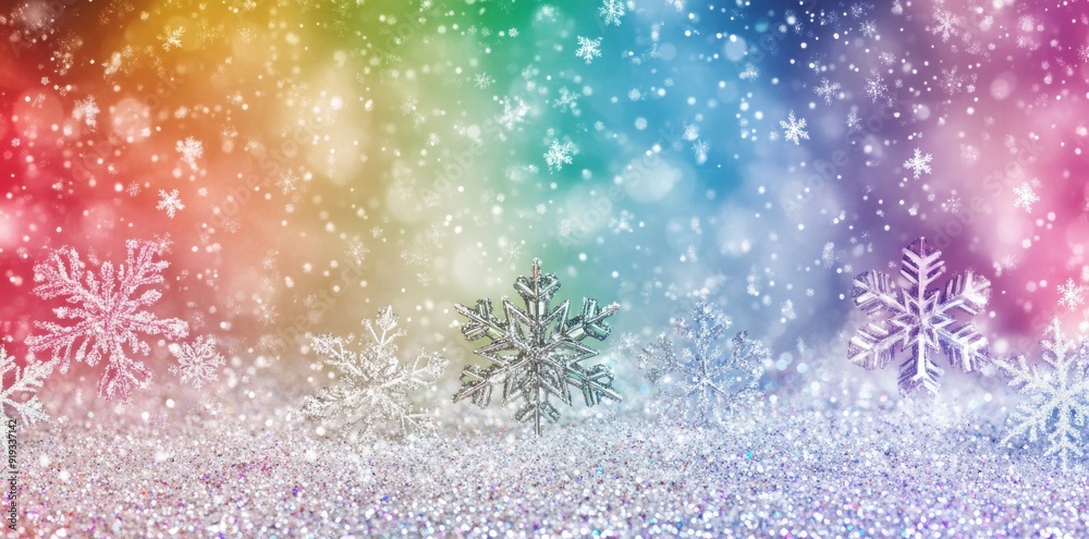 A colorful background with glittering snowflakes and white space for text. A colorful background with glittering snowflakes and white space for text.