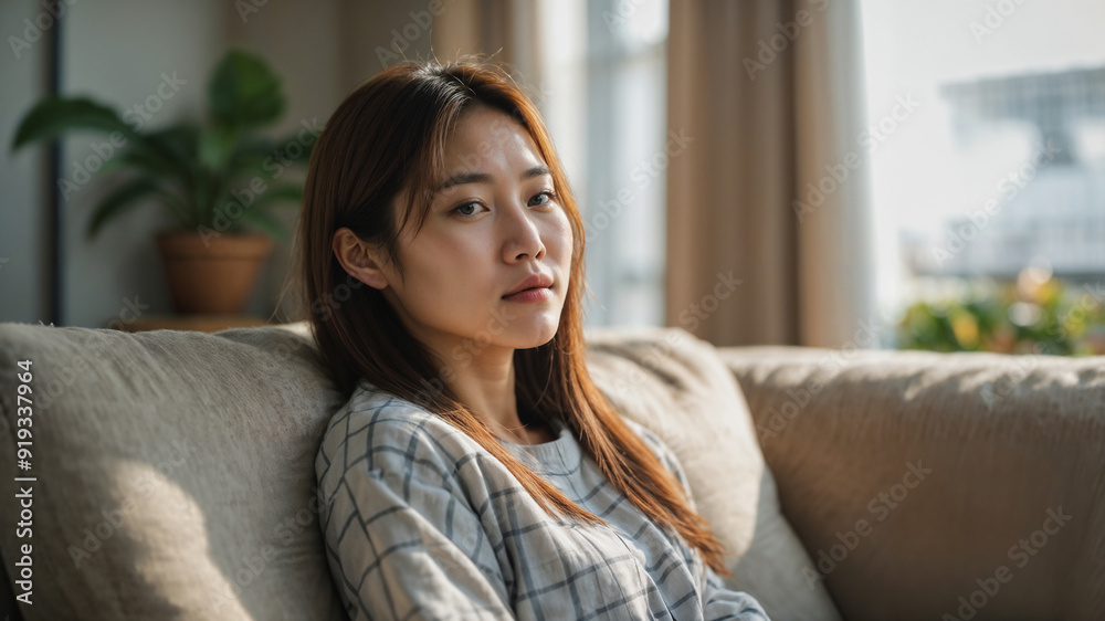 Giovane donna di origini asiatiche si rilassa sul divano di casa Giovane donna di origini asiatiche si rilassa sul divano di casa