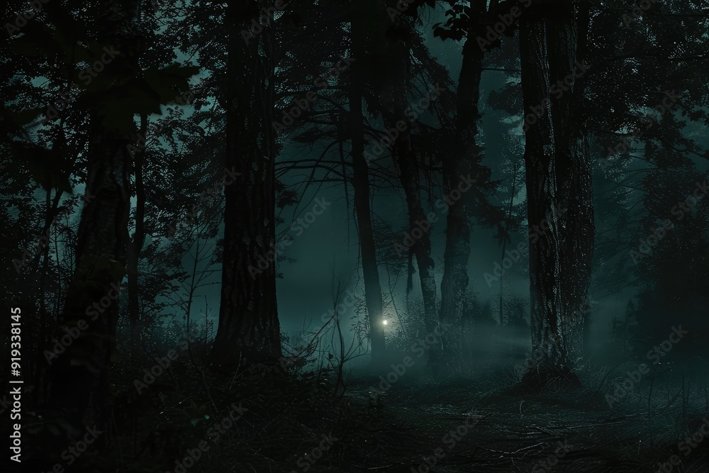 Spooky forest at night with thick fog rolling in and casting eerie shadows across the darkened trees, faint light flickering on the trunks, perfect for mysterious, horror-themed Halloween background