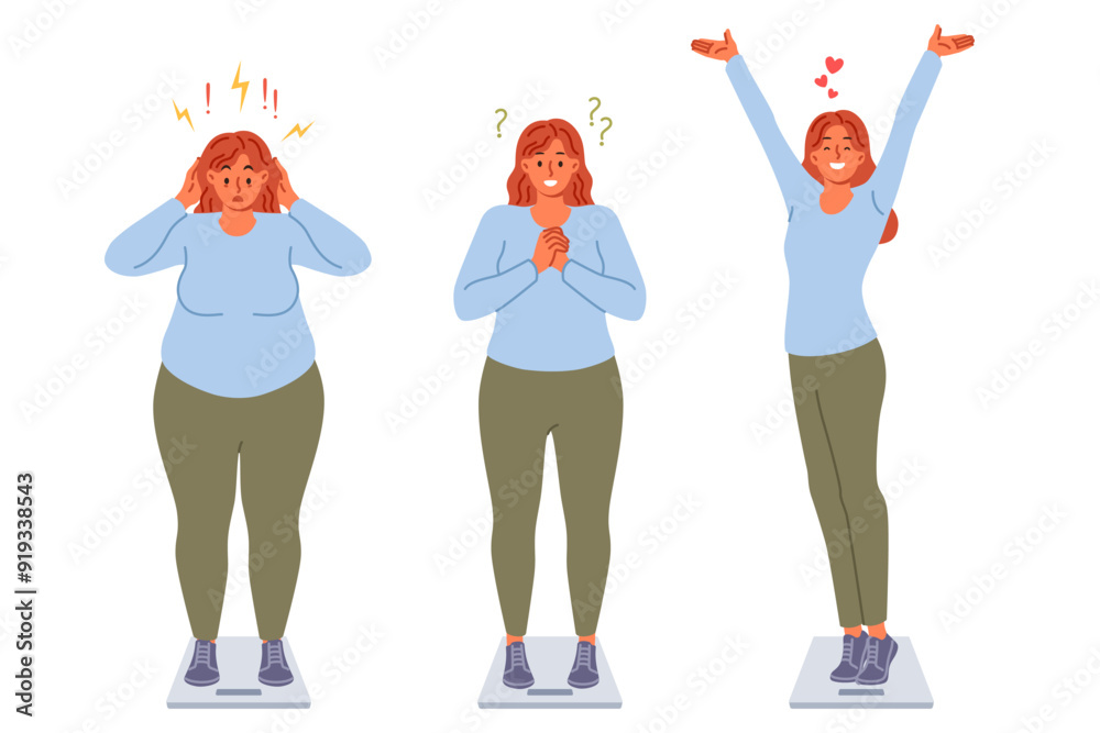 Progress in weight loss for overweight woman who quickly loses extra pounds thanks to right diet. Girl rejoices at weight loss and opportunity to get slim and beautiful body, stands on scales