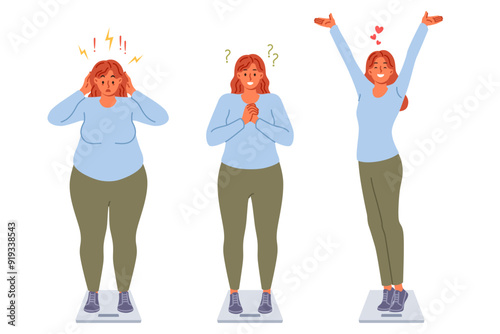 Obraz na płótnie Progress in weight loss for overweight woman who quickly loses extra pounds thanks to right diet. Girl rejoices at weight loss and opportunity to get slim and beautiful body, stands on scales w salonie