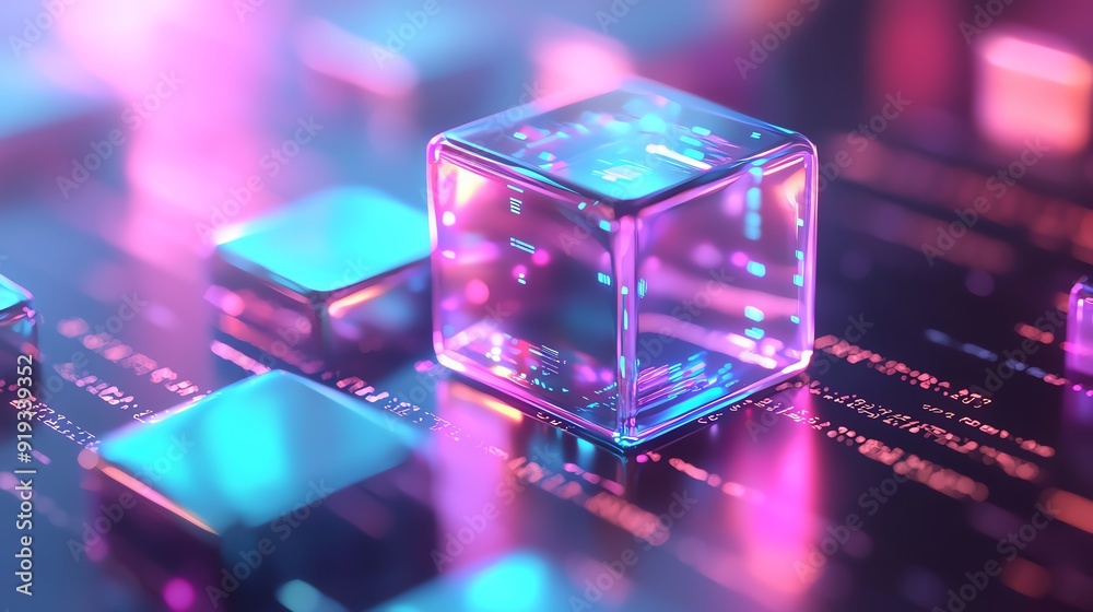 Vibrant abstract scene featuring a translucent cube surrounded by glowing digital elements and colorful lights. Vibrant abstract scene featuring a translucent cube surrounded by glowing digital elements and colorful lights.