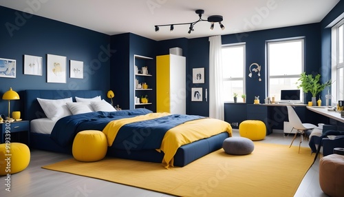 Loft modern bedroom with living room in the back ground. Presenting the same interior in different color versions with changing decors and finishing materials, high detail, volu photo