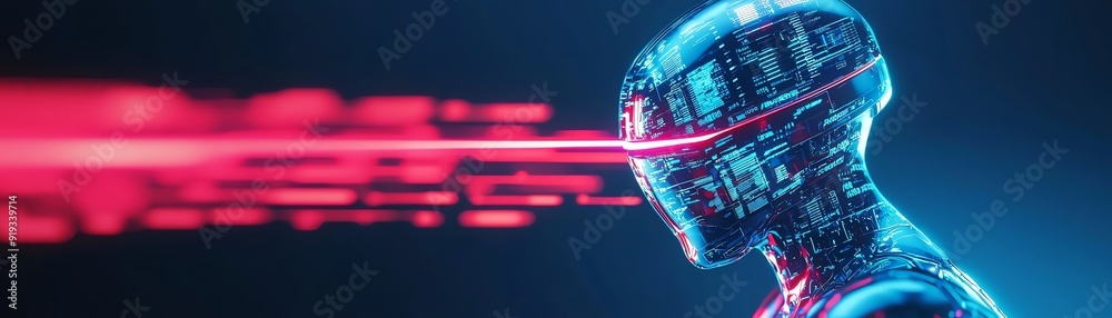 Obraz premium Futuristic robotic figure with glowing eyes and laser technology, representing advanced artificial intelligence and technology concepts.