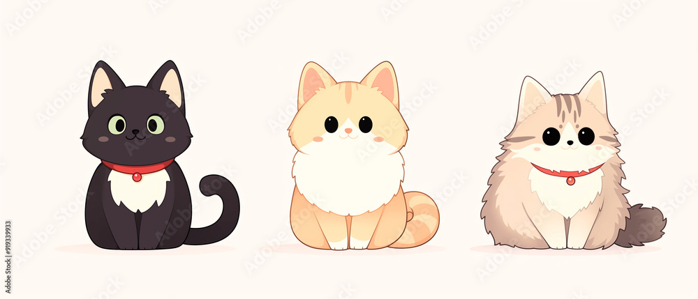 Adorable Feline Trio. A black, orange tabby, and fluffy white cat sit side-by-side, their charming simplicity radiating pure cuteness. Generative ai illustration. Adorable Feline Trio. A black, orange tabby, and fluffy white cat sit side-by-side, their charming simplicity radiating pure cuteness. Generative ai illustration.