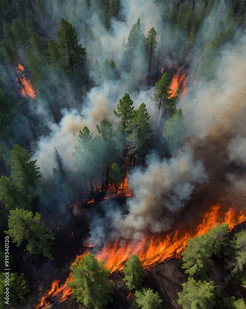 View from above of a forest fire. Ai Generative. View from above of a forest fire. Ai Generative.