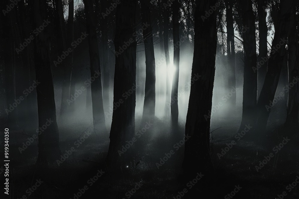 Fototapeta premium Creepy dark forest at night with trees casting long, eerie shadows and fog rolling in, faint light illuminating the tree trunks, giving an ominous atmosphere of mystery and horror for Halloween design