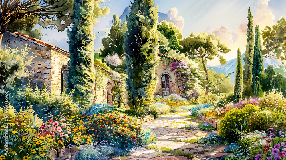 Detailed watercolor of a Mediterranean garden, cypress trees, colorful flowers, rustic stone walls, golden hour light Detailed watercolor of a Mediterranean garden, cypress trees, colorful flowers, rustic stone walls, golden hour light