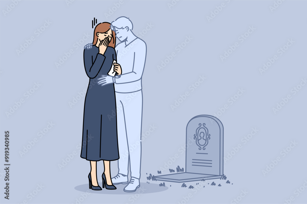 Φωτογραφία Ghost of husband supports widow crying at grave of deceased groom and suffering from loneliness
