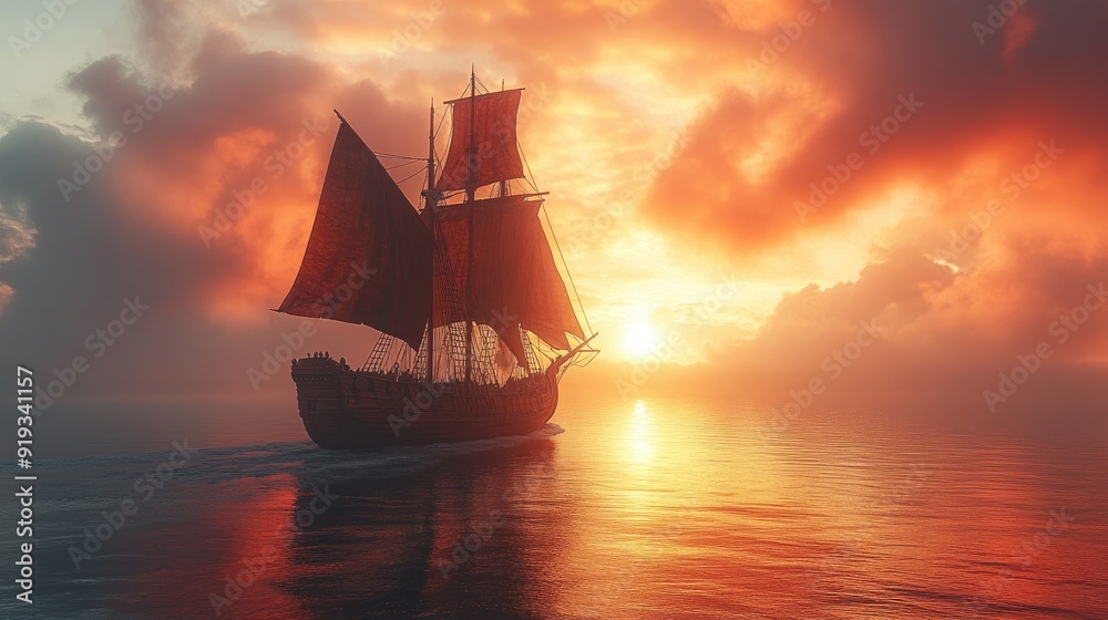 Viking Ship Sails with Mighty Warriors Conquering New Lands - A Historical Adventure Viking Ship Sails with Mighty Warriors Conquering New Lands - A Historical Adventure