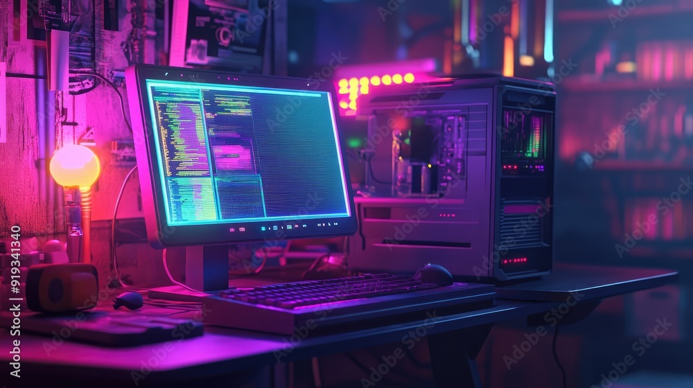 Computer on the table in cyberpunk style, nostalgia 80s, 90s. Neon night lights vivid colors. Concept of technology. Ai generation Computer on the table in cyberpunk style, nostalgia 80s, 90s. Neon night lights vivid colors. Concept of technology. Ai generation