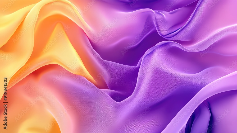 Obraz premium Purple and yellow flowing chiffon fabric texture. Bright summer banner, abstract background illustration. Ai generation
