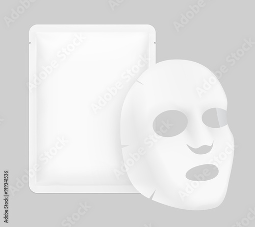 Facial upper lower cosmetic mask mockup withsachet mockup. . Vector illustration isolated on grey background. Can be use for template your design, presentation, promo, ad. EPS10.	