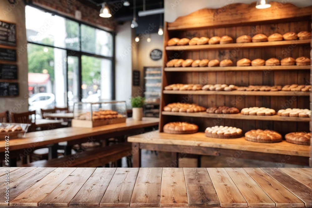 Empty Rustic Wooden Table with Blurred Bakery Shelf Background in Cafe and Copy Space. Empty Rustic Wooden Table with Blurred Bakery Shelf Background in Cafe and Copy Space.
