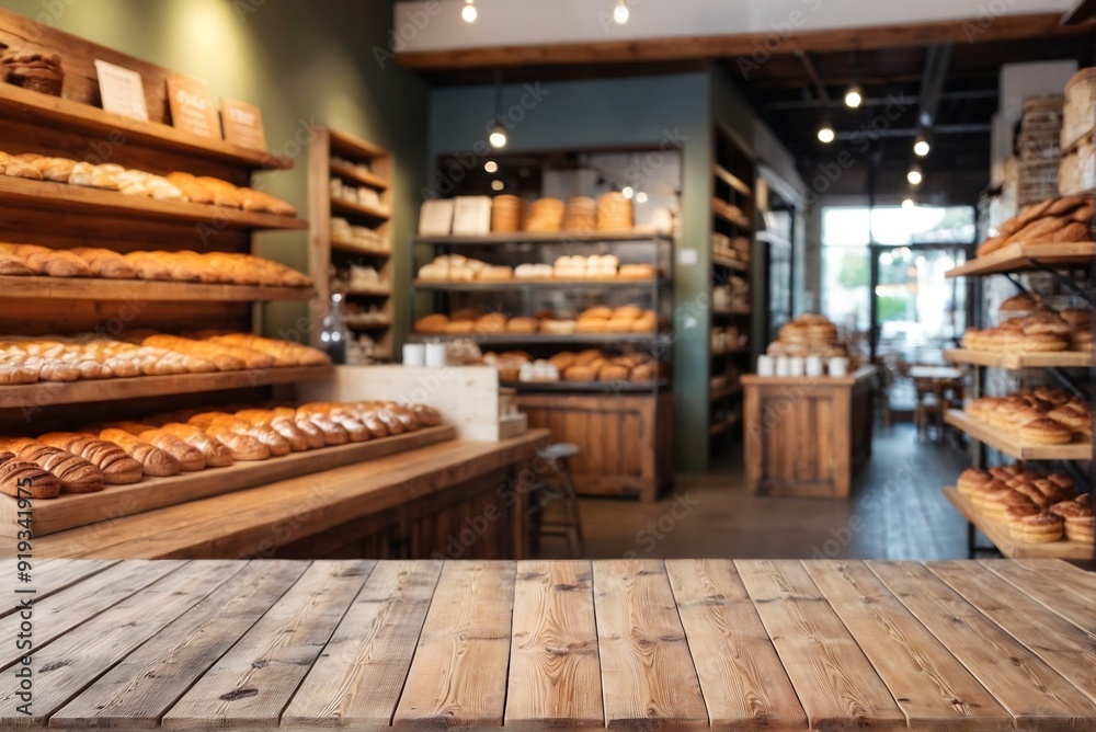 Empty Rustic Wooden Table with Blurred Bakery Shelf Background in Cafe and Copy Space. Empty Rustic Wooden Table with Blurred Bakery Shelf Background in Cafe and Copy Space.