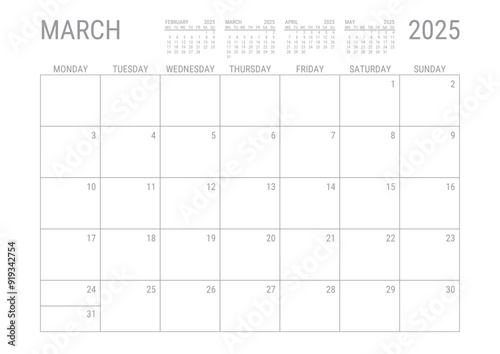 March Calendar 2025 Monthly Planner Printable A4 Monday Start	