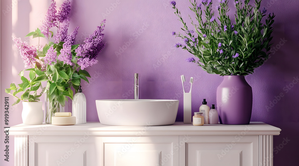 Modern Lavender Bathroom Vanity With White Sink and Plants Modern Lavender Bathroom Vanity With White Sink and Plants