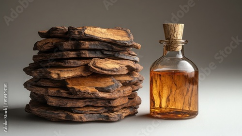 Yohimbe Extract - A Cluster of Yohimbe Bark or a Bottle of Extract - Herbal Supplement photo