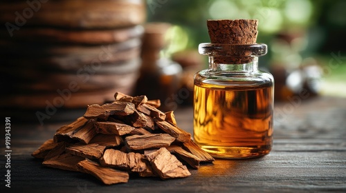 Yohimbe Extract - A Cluster of Yohimbe Bark or a Bottle of Extract - Herbal Supplement photo