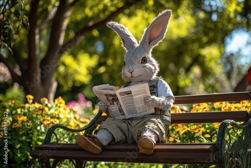 A light gray rabbit enjoys reading a newspaper while sitting on a bench surrounded by colorful flowers