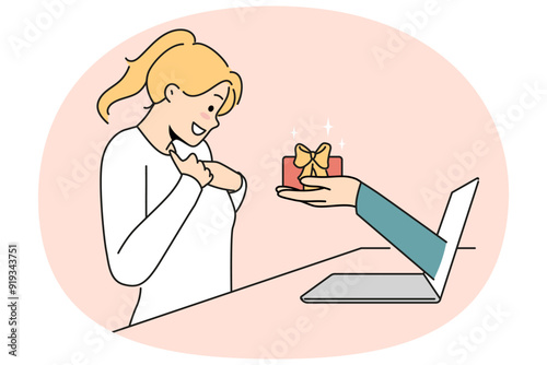 Smiling woman excited with hand stretching present from laptop. Happy female overjoyed and surprised with online bonus. Vector illustration.