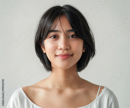 beautiful asian women, with short hair, pretty bob hair woman, looking at camera, white background